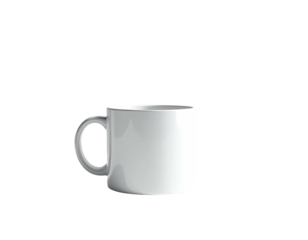A plain, white, ceramic mug with a handle, floating against a black backdrop
