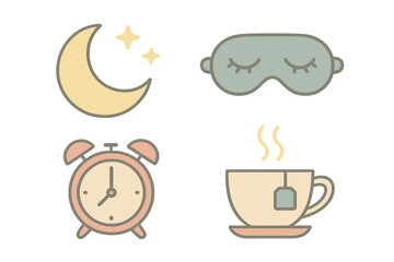 Bedtime and morning ritual items including moon, sleep mask, alarm clock, and hot tea