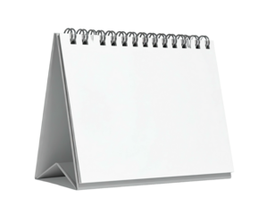 A blank desk calendar, white pages, spiral bound, resting on a grey stand