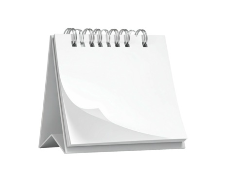 A white desk calendar with a spiral binding, isolated on a transparent background