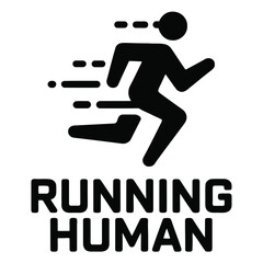 Fototapeta premium Dynamic running human figure icon with motion blur lines behind. Below, words RUNNING HUMAN in sans-serif uppercase font, illustrating athletic pursuit.