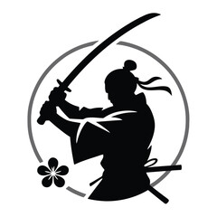 Samurai warrior with katana sword logotype. Japanese fighter, martial arts, traditional culture. Asian legend, historical figure, warrior spirit emblem.
