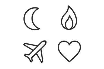 Minimalist outline icons featuring crescent moon, flame, airplane, and heart symbols