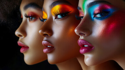 Three women in profile showcasing vibrant, multi-colored, artistic makeup with glowing skin and expressive eyes, against dark background, highlighting modern beauty and cosmetic artistry