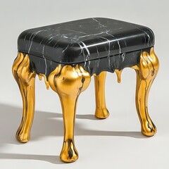 Black marble stool with dripping gold legs, creative design