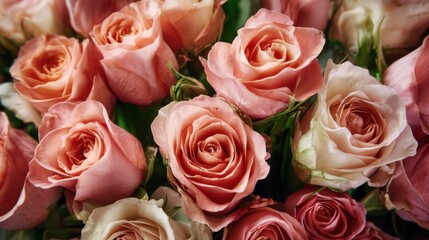 Obraz premium Pink roses bouquet close up with soft petals, romantic floral arrangement for gifting
