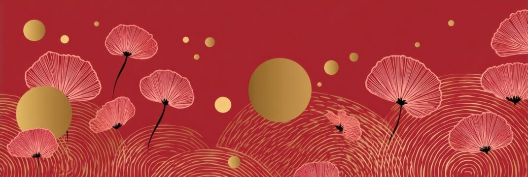 Vibrant red abstract scene with pink floral petals and gold circles for festive luxury design