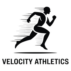 Naklejka premium Dynamic running human figure with sleek motion trails, symbolizing speed. Below, words VELOCITY ATHLETICS in bold sans-serif font, representing sports brand.