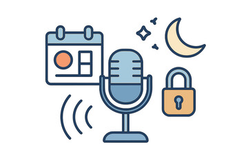 Digital icons for event scheduling, audio recording, nighttime, and data security