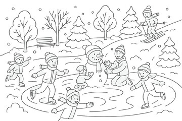 Joyful children having fun outdoors during winter, ice skating, skiing, and building a snowman