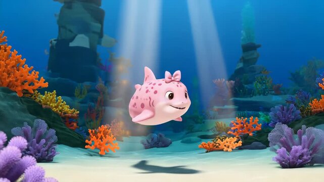 cute pink baby girl shark smiling underwater cartoon animated for kids