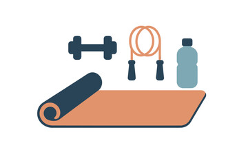 Fitness and workout equipment with yoga mat, dumbbell, jump rope, and water bottle