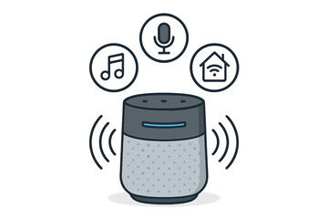 Smart speaker device with voice assistant, music playback, and smart home control icons