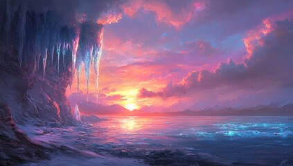 Icy shoreline sunset; pink clouds meet ocean
