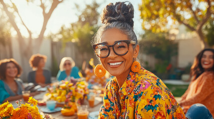 Beaming woman in vibrant floral shirt and stylish glasses smiles brightly at outdoor gathering with friends, bathed in warm golden sunlight.