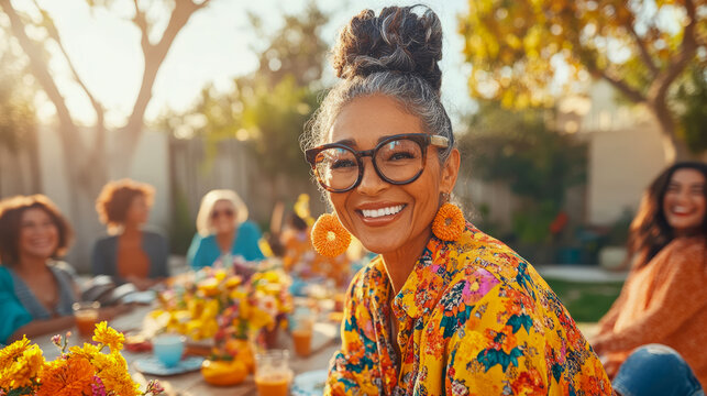 Beaming woman in vibrant floral shirt and stylish glasses smiles brightly at outdoor gathering with friends, bathed in warm golden sunlight.