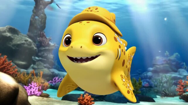 yellow baby shark smiling fish wearing hat underwater cartoon kids happy scene