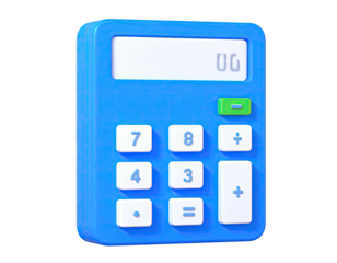 3D rendered blue calculator showing "00" and buttons, on a dark background
