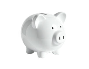 A glossy white ceramic piggy bank with a coin slot, on a solid black backdrop