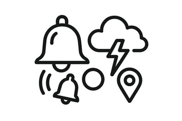 Notification bell, weather storm cloud, and location pin icons for digital interfaces