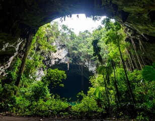 Lush jungle canopy seen from within a cave opening
