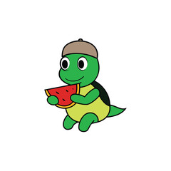 Cute cartoon turtle wearing a cap eating a slice of delicious juicy watermelon on a bright sunny day