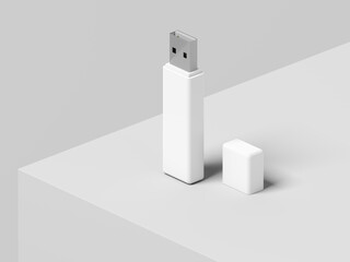 Pendrive. Isolated on white background. USB flash drive. Data storage device. Pen drive. Display stand. Mockup. Blank. 3d illustration.