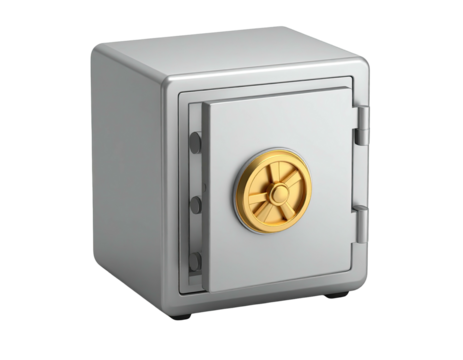 A solid metallic safe, door ajar, with a gold dial and handle