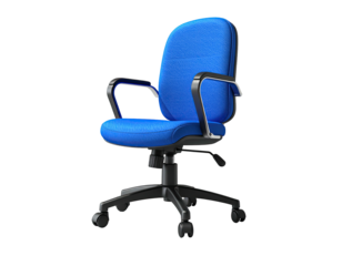 A blue office chair with black armrests and base against a black background