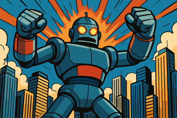 Vector illustration comic gigantic dramatic robot towering showdown giant eyes over pose