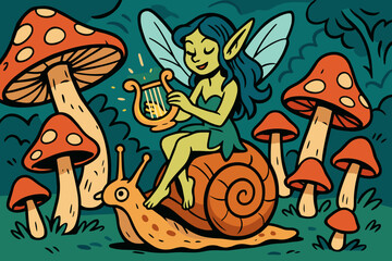 Simple giant shell vector sitting fairy tiny illustration surrounded mushrooms harp snail