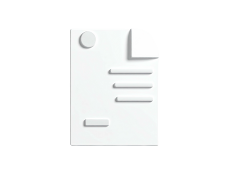 A 3D white document icon on a black background, with various text placeholders