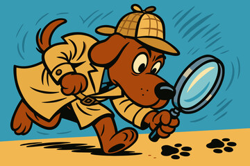 Glass vector illustration trench adventure humorous style magnifying dog coat detective