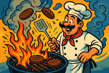 Flying burgers flaming chef sparks flipping upwards vector grill swirling illustration