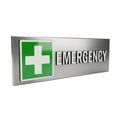 Fototapeta premium Silver metal sign with green and white medical cross and the word emergency isolated on transparent background