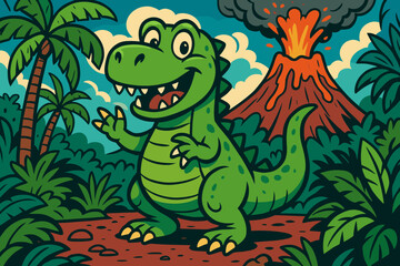 Dinosaur prehistoric arms while jungle illustration its friendly playful vector volcano waving
