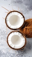 Two halves of a coconut on a speckled surface