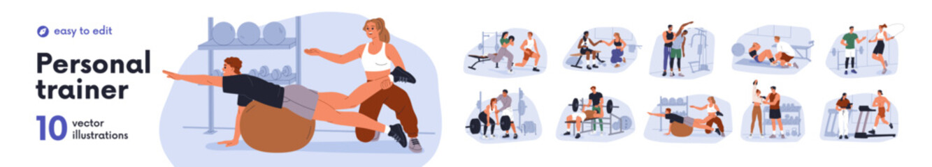 Obraz na płótnie Canvas Individual fitness instructor, sports workout set. Personal trainer guiding gym session with physical exercises. Professional coach supervision. Flat vector illustration isolated on white background