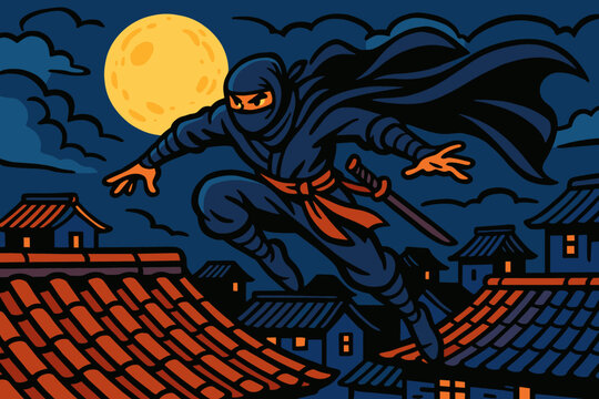 Illustration ninja rooftops vector moonlit across leaping dramatically flowing moonlight cloak leap