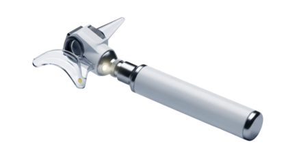 Medical otoscope diagnostic tool with white handle for ear examination isolated on transparent background