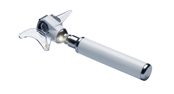 Medical otoscope diagnostic tool with white handle for ear examination isolated on transparent background