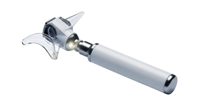 Medical otoscope diagnostic tool with white handle for ear examination isolated on transparent background