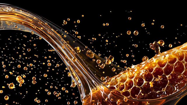 Honey splash in spoon with golden drops, symbolizing food, nature, sweet taste, health, lifestyle, indulgence, organic nutrition and delicious advertising opportunities.