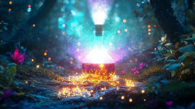In a magical forest, an enchanting potion embodies the true essence of natures remarkable beauty, creating a mesmerizing and unforgettable atmosphere for all who have the pleasure to encounter it