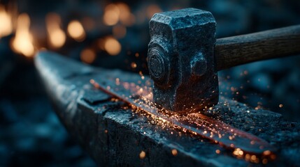 A blacksmith hammer is striking a piece of metal, creating sparks and fire