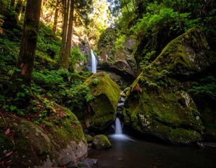 Lush woodland waterfall scene