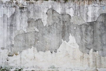 White walls with cracks and moss, rain stains.