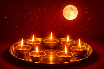 Happy diwali festival of lights, a stunning display of seven golden diyas arranged on a brass plate under a bright full moon and starry red night sky