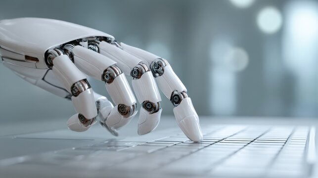 A robotic hand reaches out to type on a sleek computer keyboard in a bright, modern workspace filled with advanced technology.
