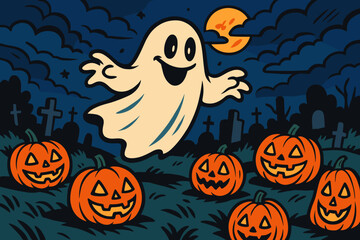 Fototapeta premium Spectacle scattered spooky ghost vector glowing around floating illustration gradient graveyard above